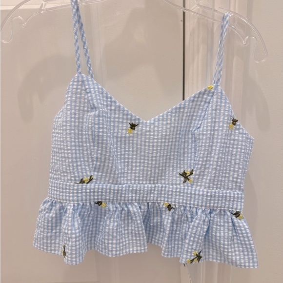 English Factory blue gingham floral embroidered crop top women’s small new tags - Picture 9 of 9